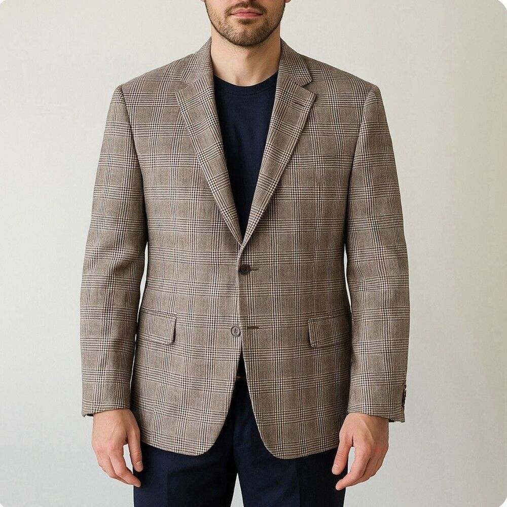 ENZO TOVARE Glen Plaid Blazer Mens 46R Beige 100% Linen 2-Button Sport Coat